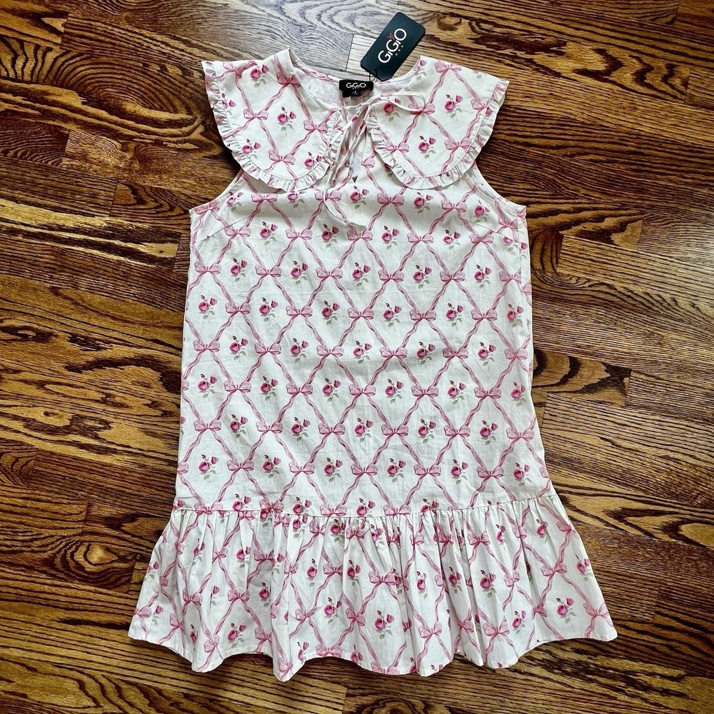Gigio Pink Floral Rose & Bows Dress, Puritan Collar Tie & Ruffle Accent Sz S NWT